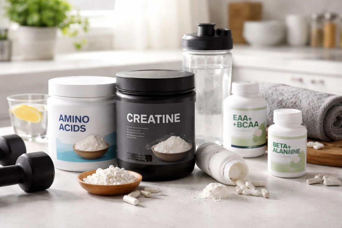 Selection of amino acids and creatine supplements on table