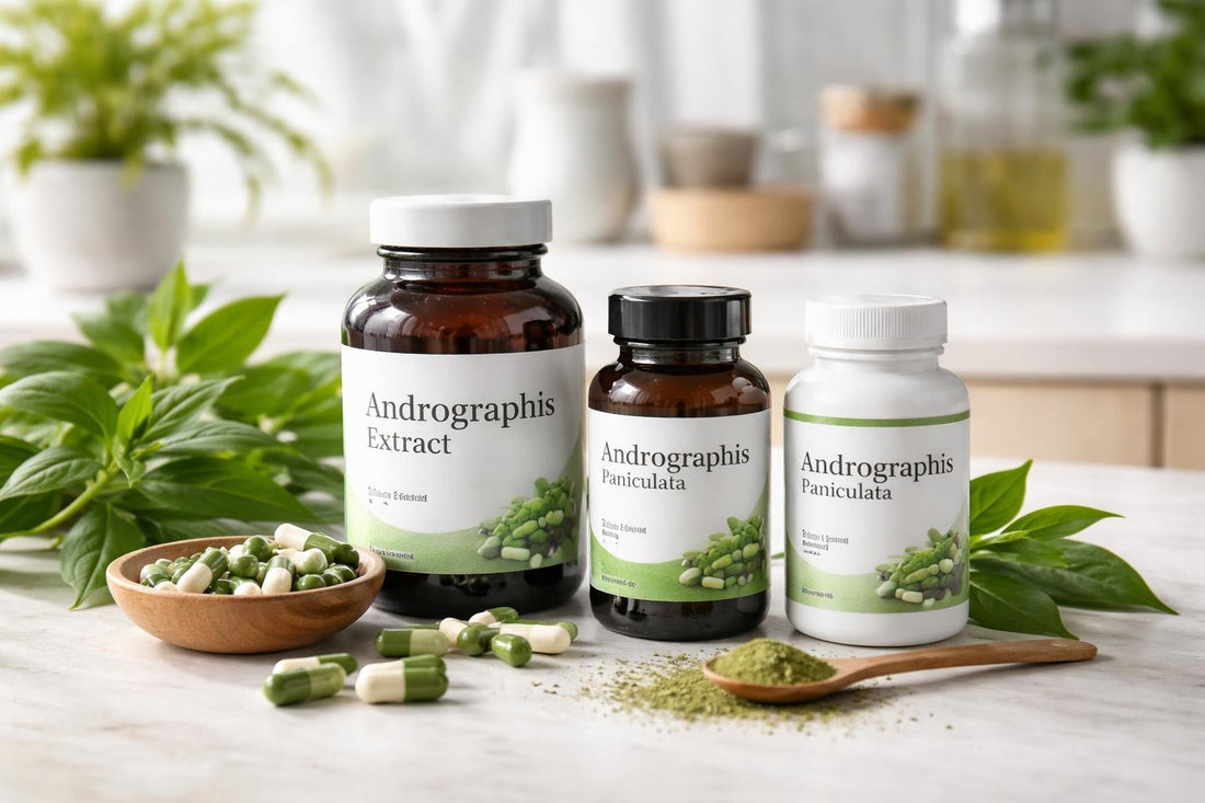 Bottles of Andrographis supplements with fresh leaves