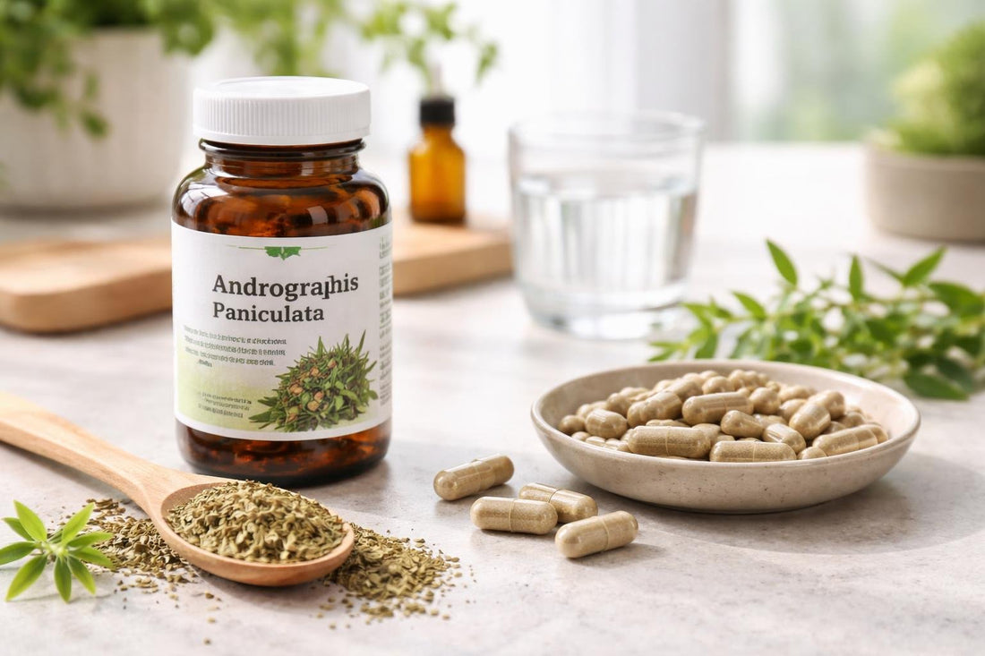 Andrographis paniculata capsules and dried herb on a spoon