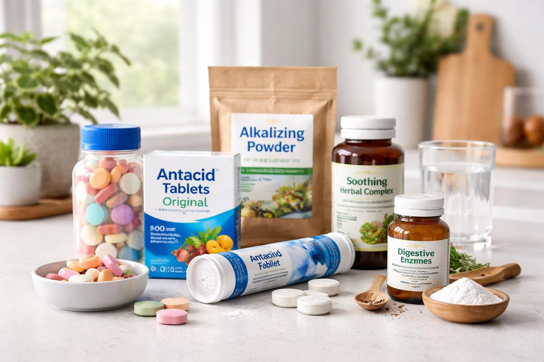 selection of antacid tablets and supplements on table