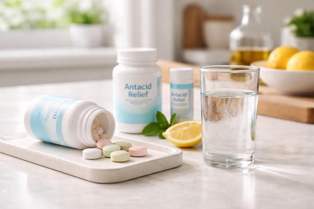 Antacid relief supplements and a glass of water on table