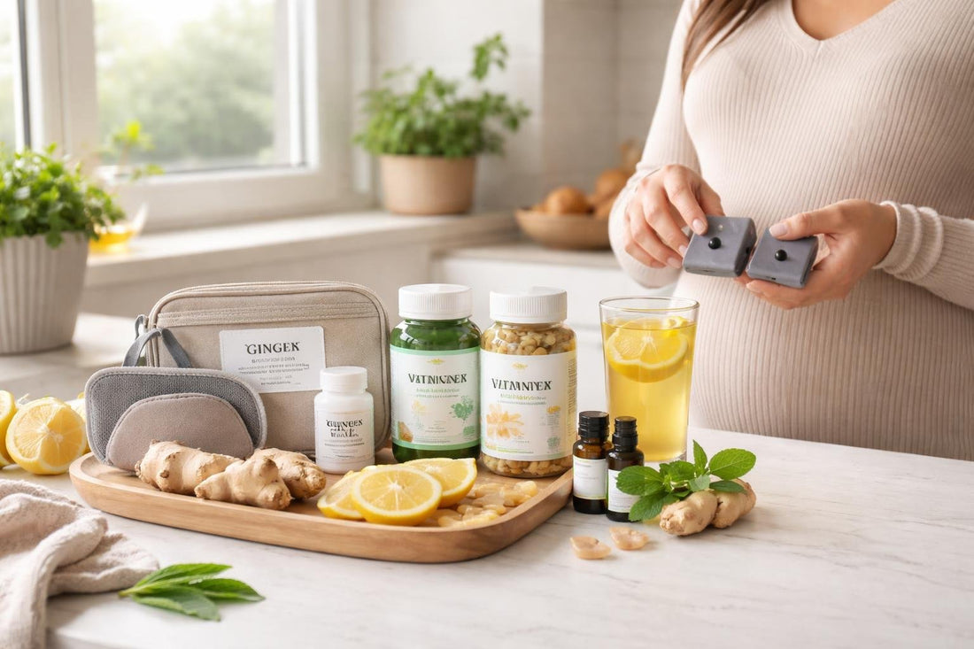 pregnant woman choosing anti-nausea remedies and wristband
