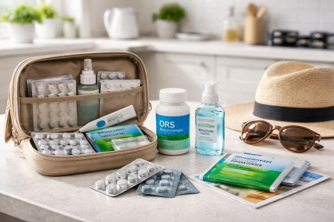 Travel medicine kit with antidiarrhoeal treatments and guidance