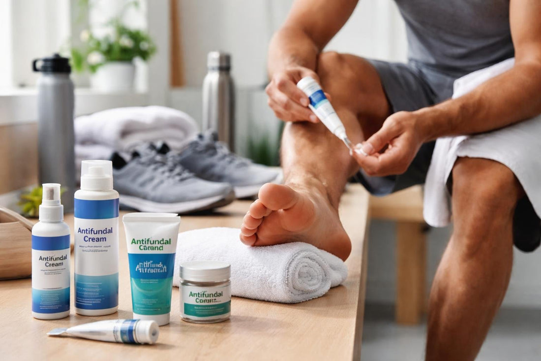 Athlete applying topical antifungal treatment after training