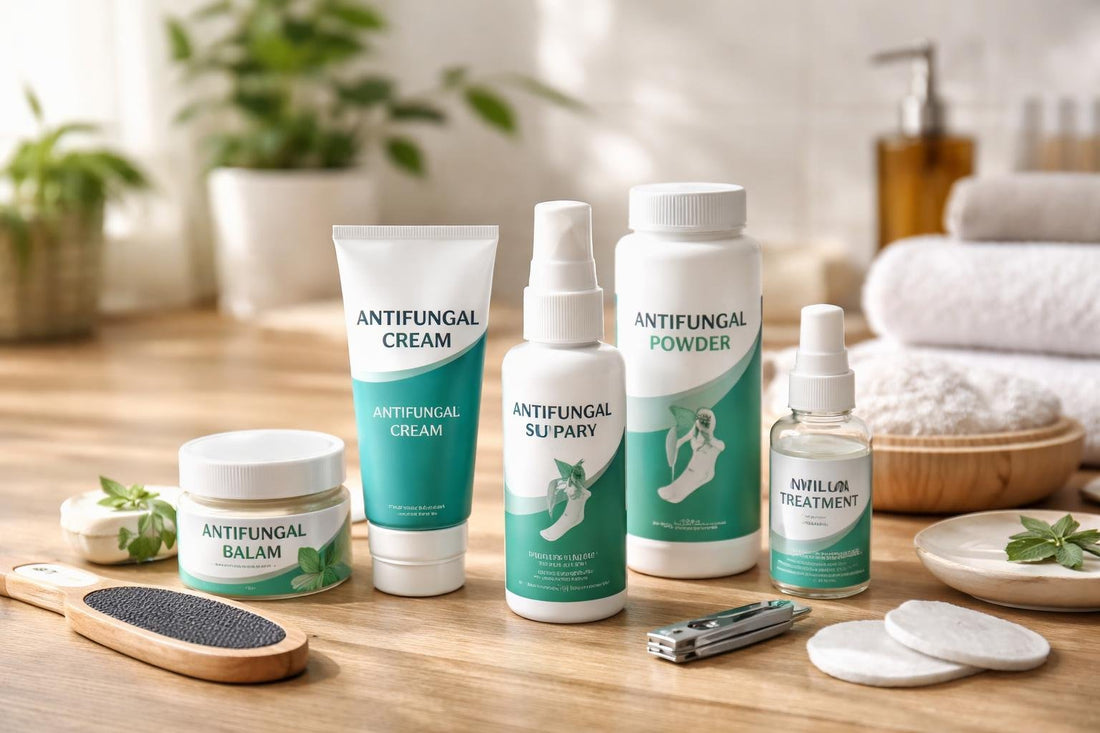assorted antifungal foot care products on wooden floor