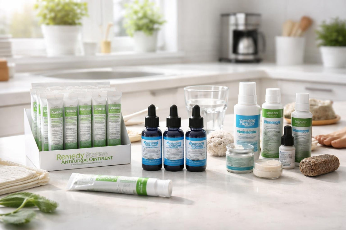 comparative display of antifungal treatments and home kits