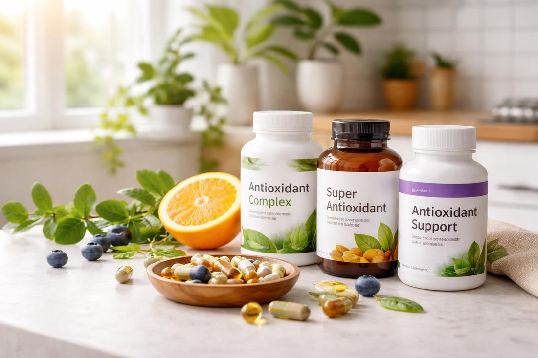 Antioxidant supplements and capsules on table