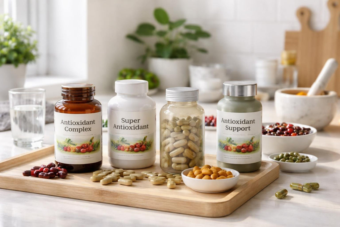 antioxidant supplement capsules and bottles laid out