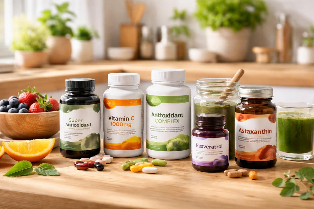 assorted antioxidant supplements on wooden table
