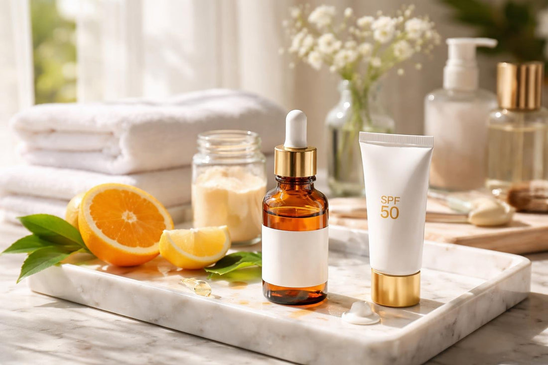 antioxidant skincare serum and sun cream