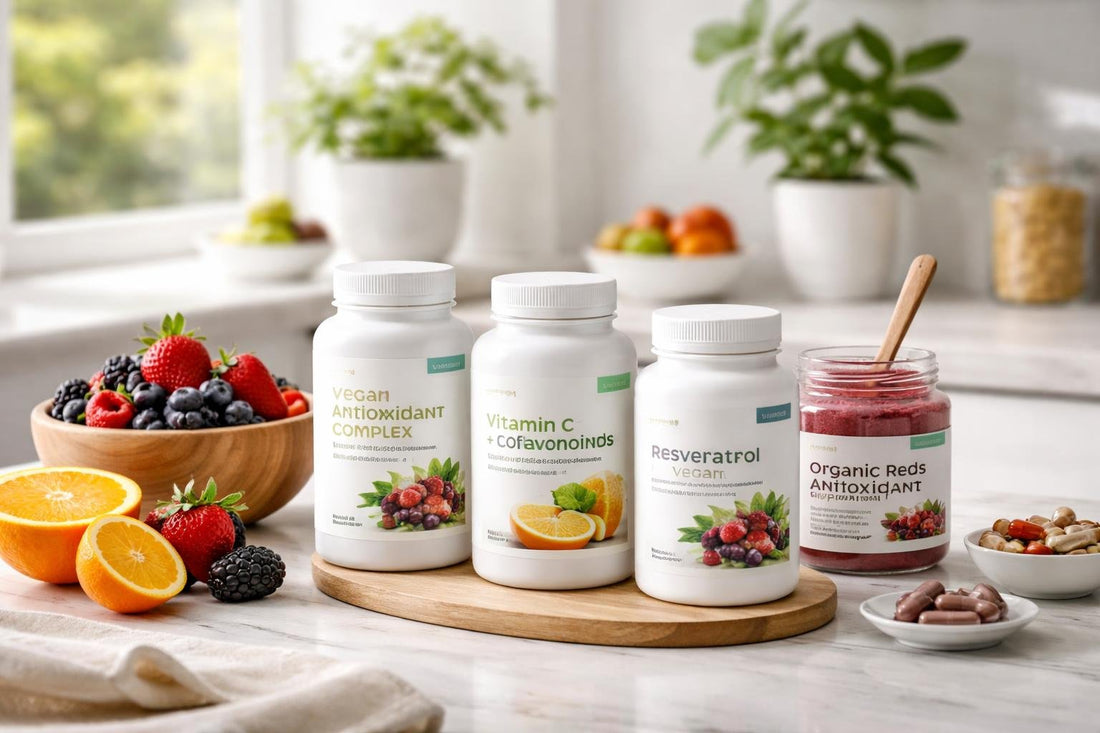 Vegan antioxidant supplements and berry powder display