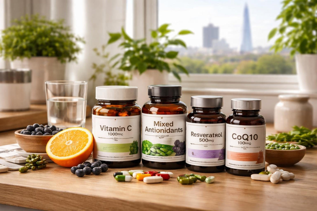 Assorted antioxidant supplements on wooden surface in London