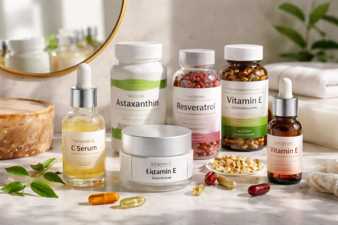 Selection of antioxidant supplements and skincare products