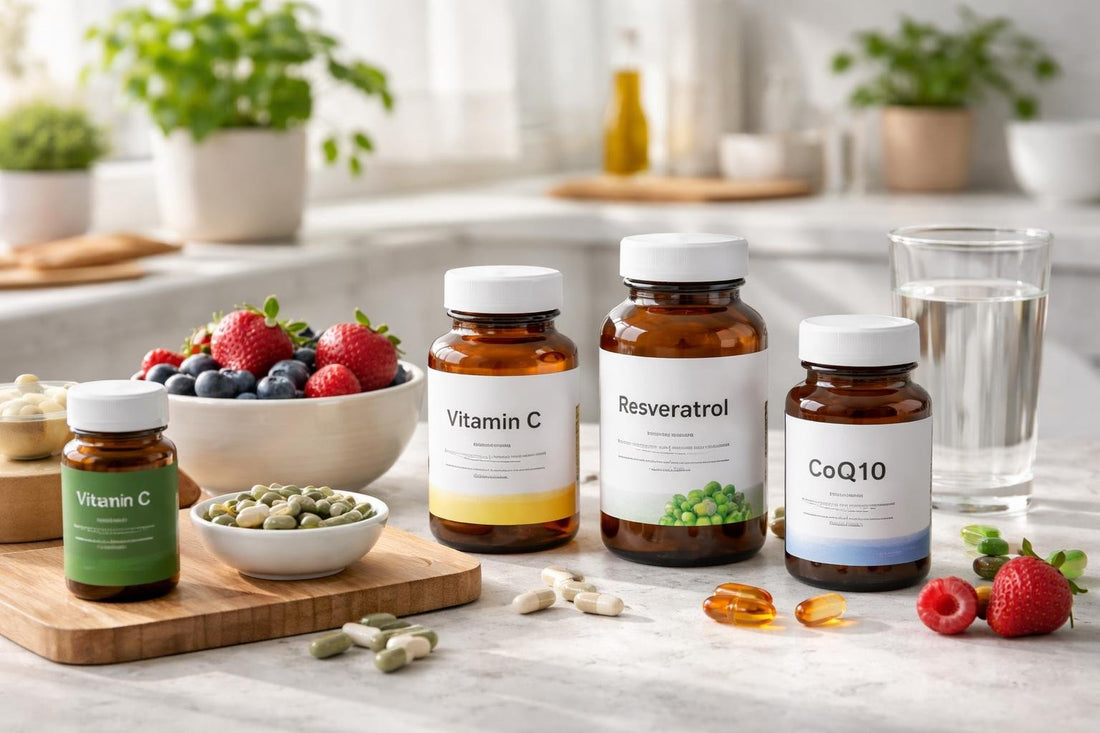 Antioxidant supplements and berries arranged for daily routine