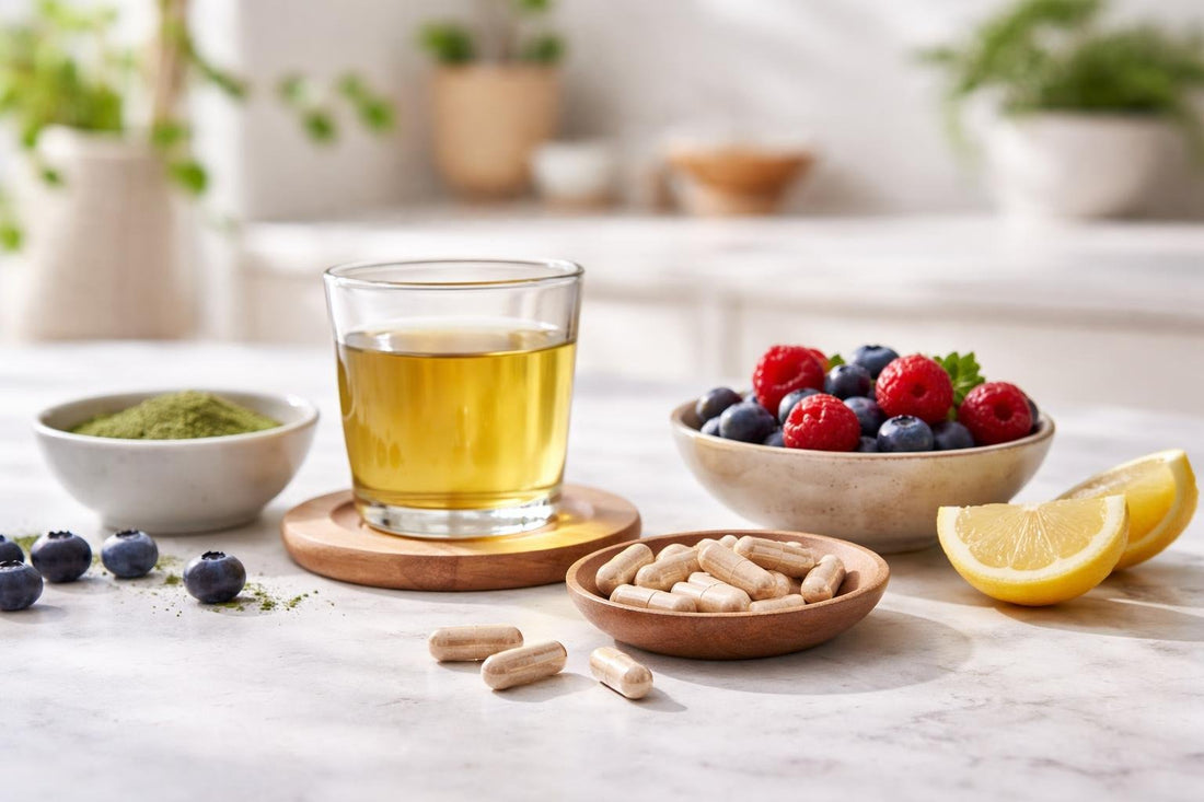 Antioxidant capsules beside berries and green tea on table