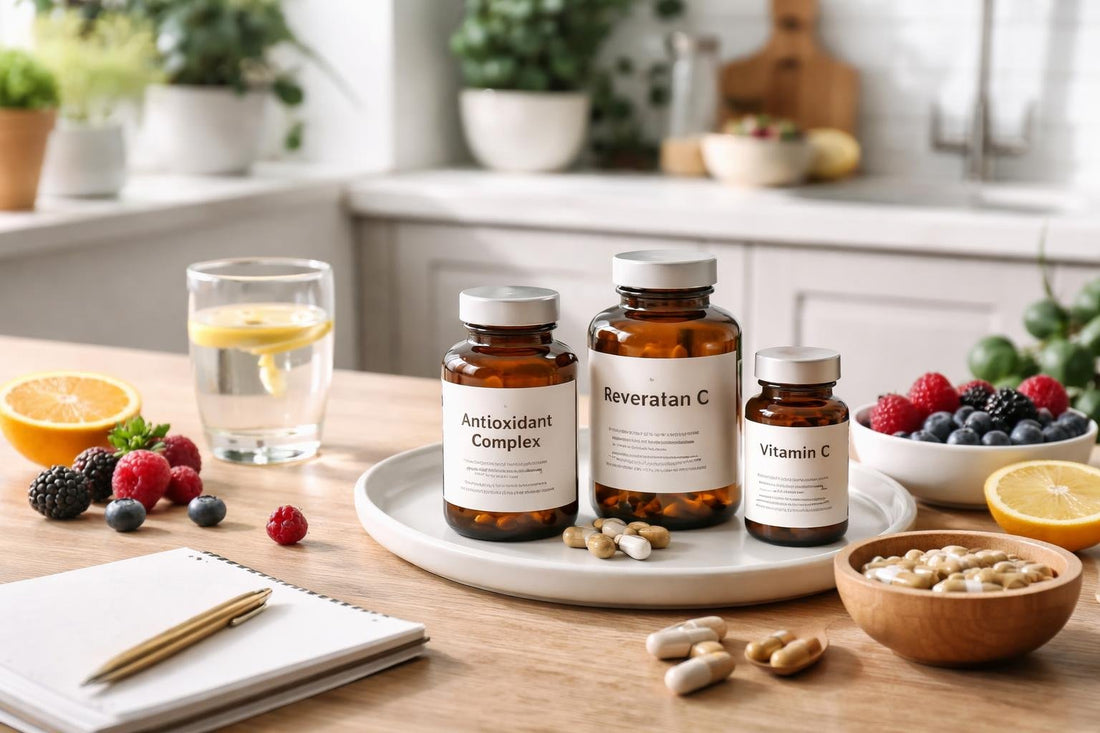 Antioxidant supplements and berries on a Yorkshire kitchen table