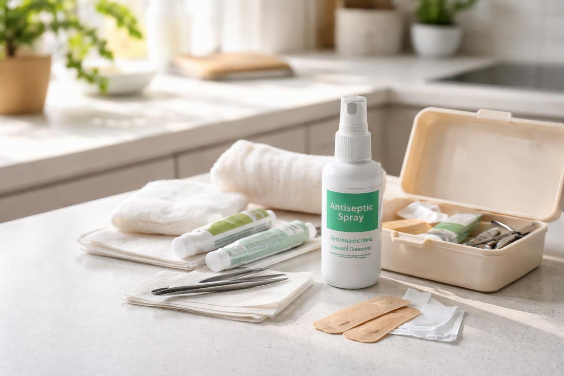 First-aid antiseptic spray and dressings for cuts and grazes