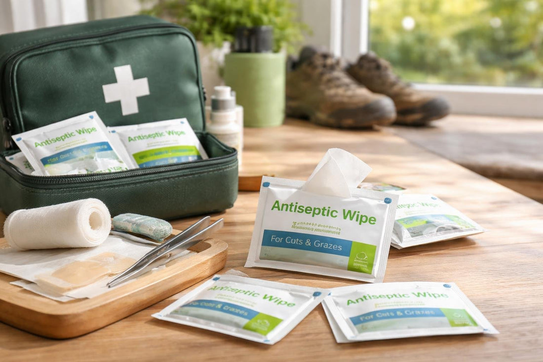 Individually wrapped antiseptic wipes for minor cuts outdoors
