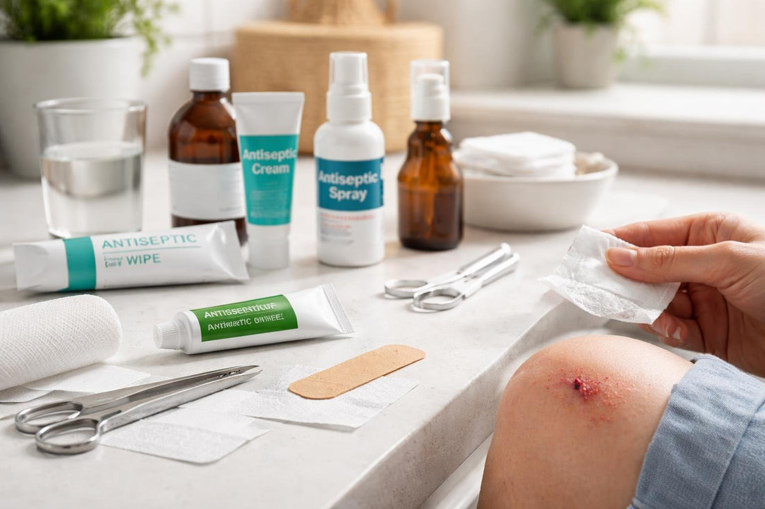 Antiseptic wipe and plaster for treating a graze