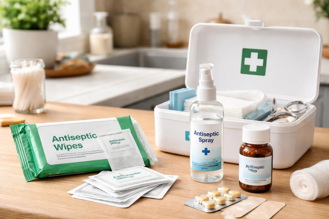 Antiseptic wipes and spray in a home first aid kit