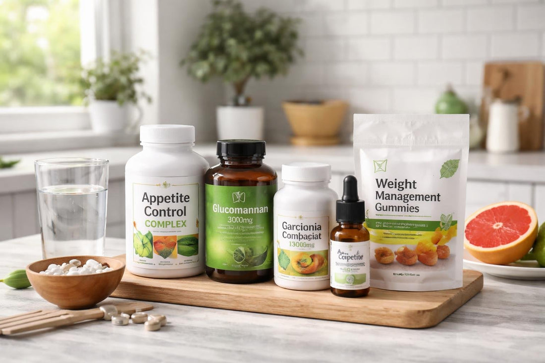Selection of appetite control and suppressant supplements on table