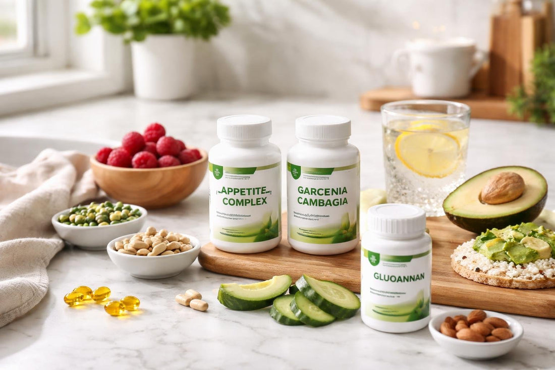 Assorted appetite suppressant supplements and healthy snacks