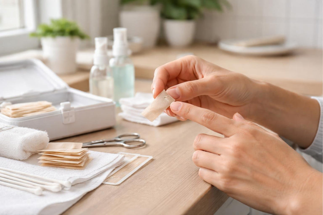 Applying an adhesive bandage to a clean finger cut