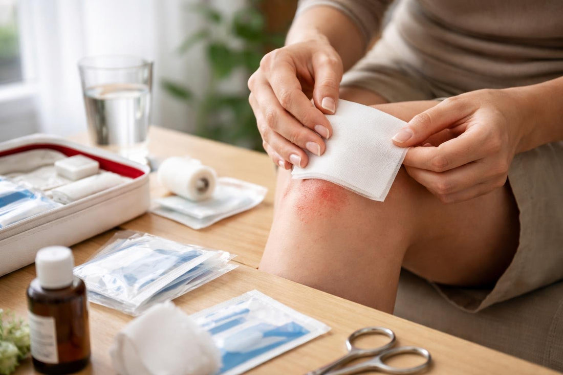 Applying a sterile bandaging pad to a knee graze
