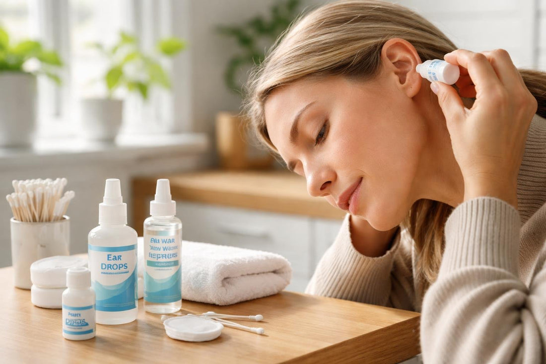 Person applying ear drops with head tilted at home