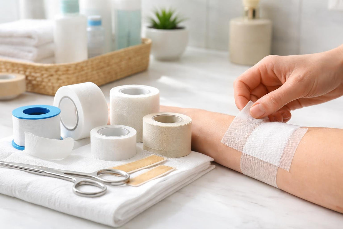 Applying clinical first aid tape to secure a dressing