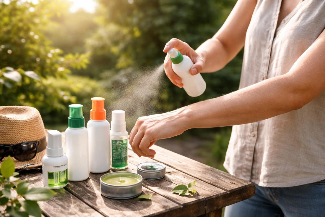 Applying insect repellent spray evenly on arm outdoors