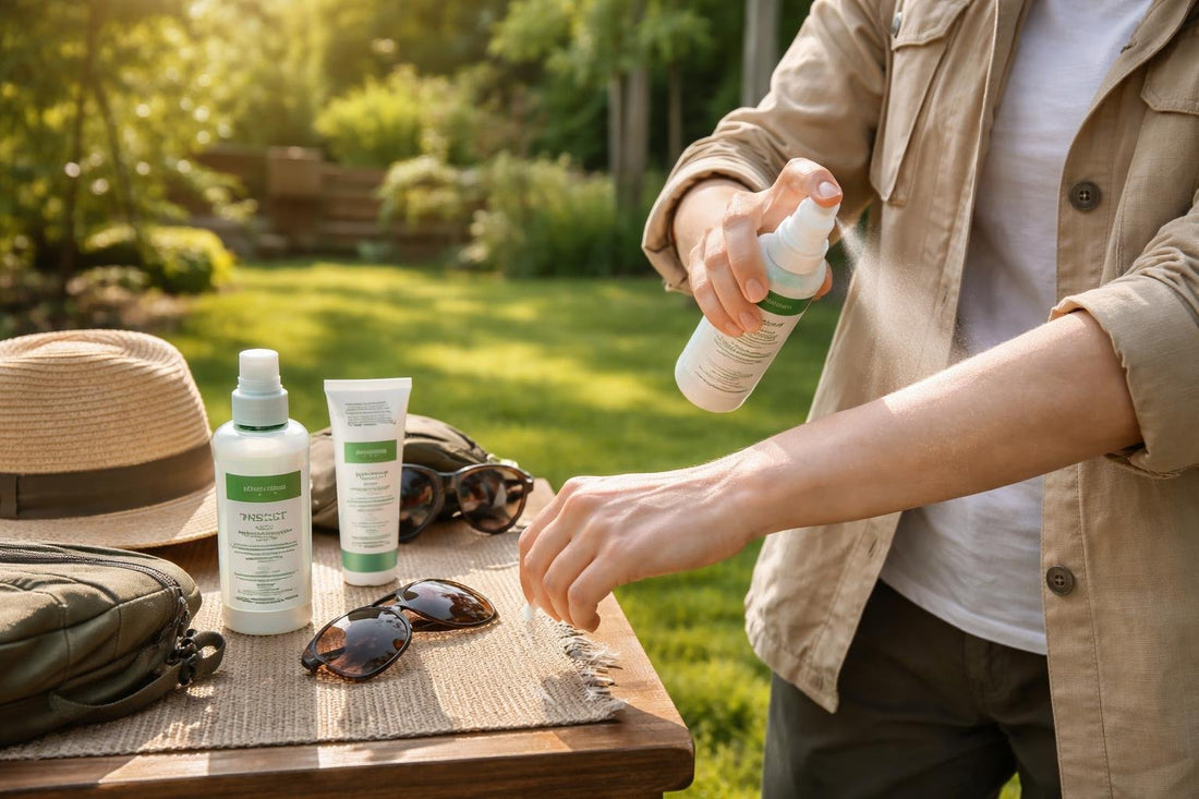 Applying insect repellent on arm before outdoor walk