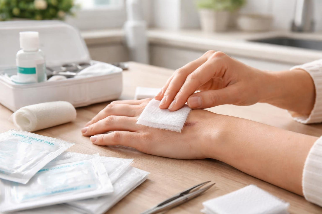 Hands applying sterile gauze pad to a small cut
