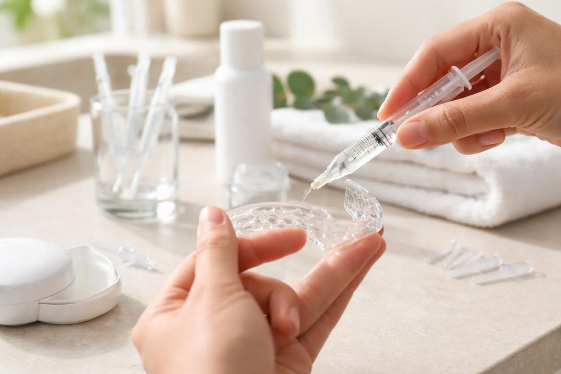Applying teeth whitening gel evenly into a clear tray