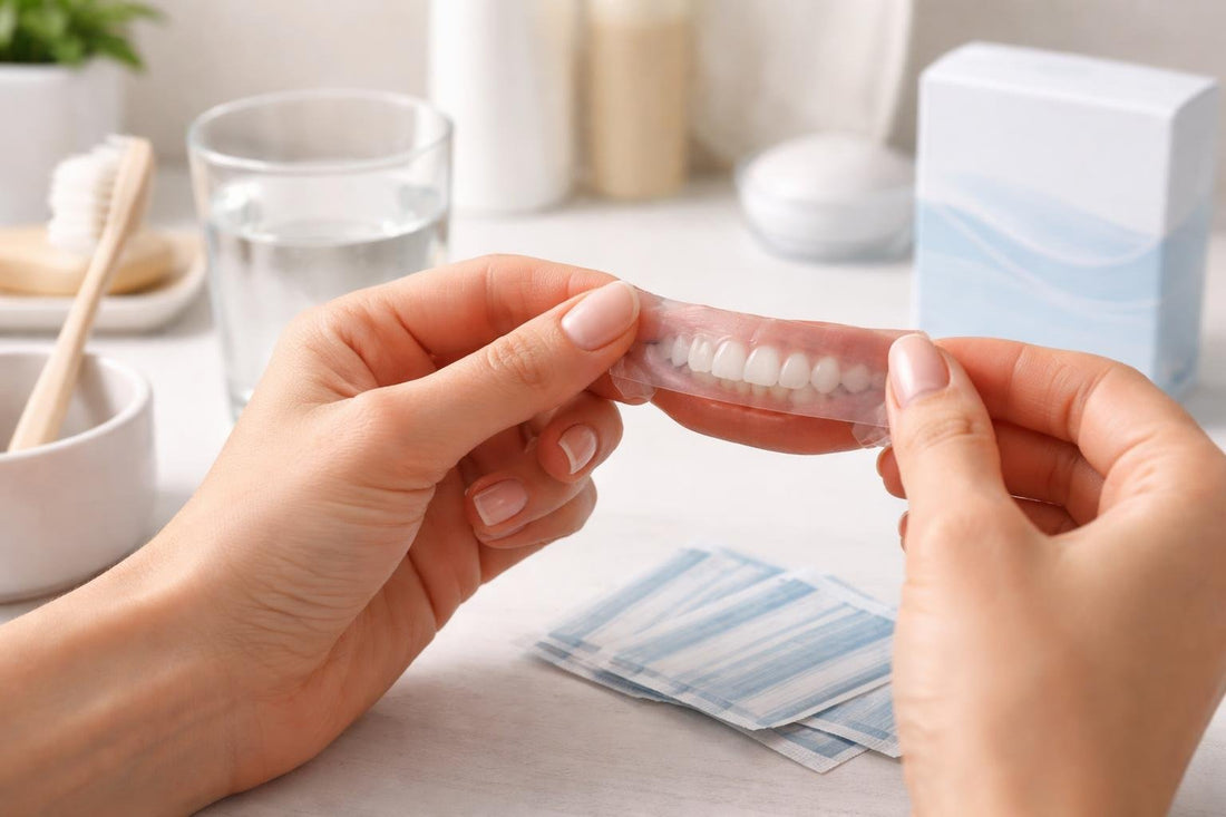 Hands applying teeth whitening strips evenly along gumline