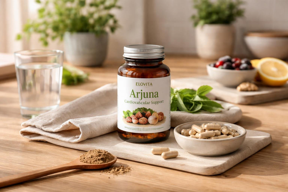 Arjuna Cardiovascular Support Collection bottle on wooden table