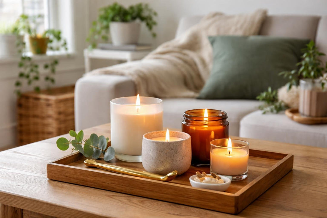 Aromatherapy candle jars on a wooden tray in flat