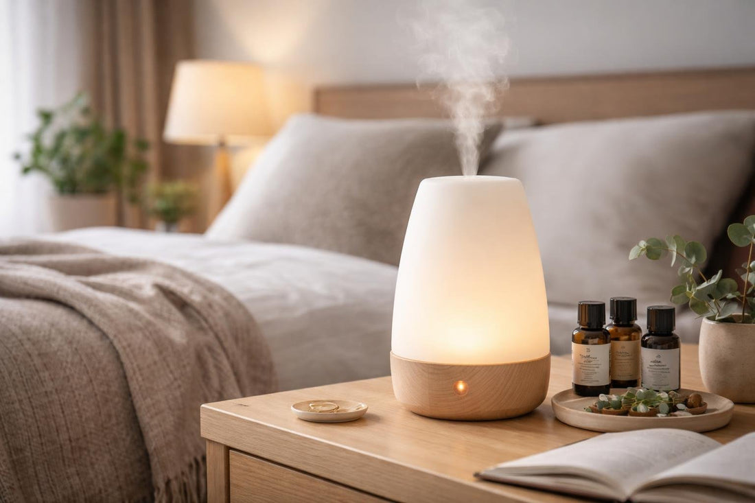 Aromatherapy diffuser on bedside table small room