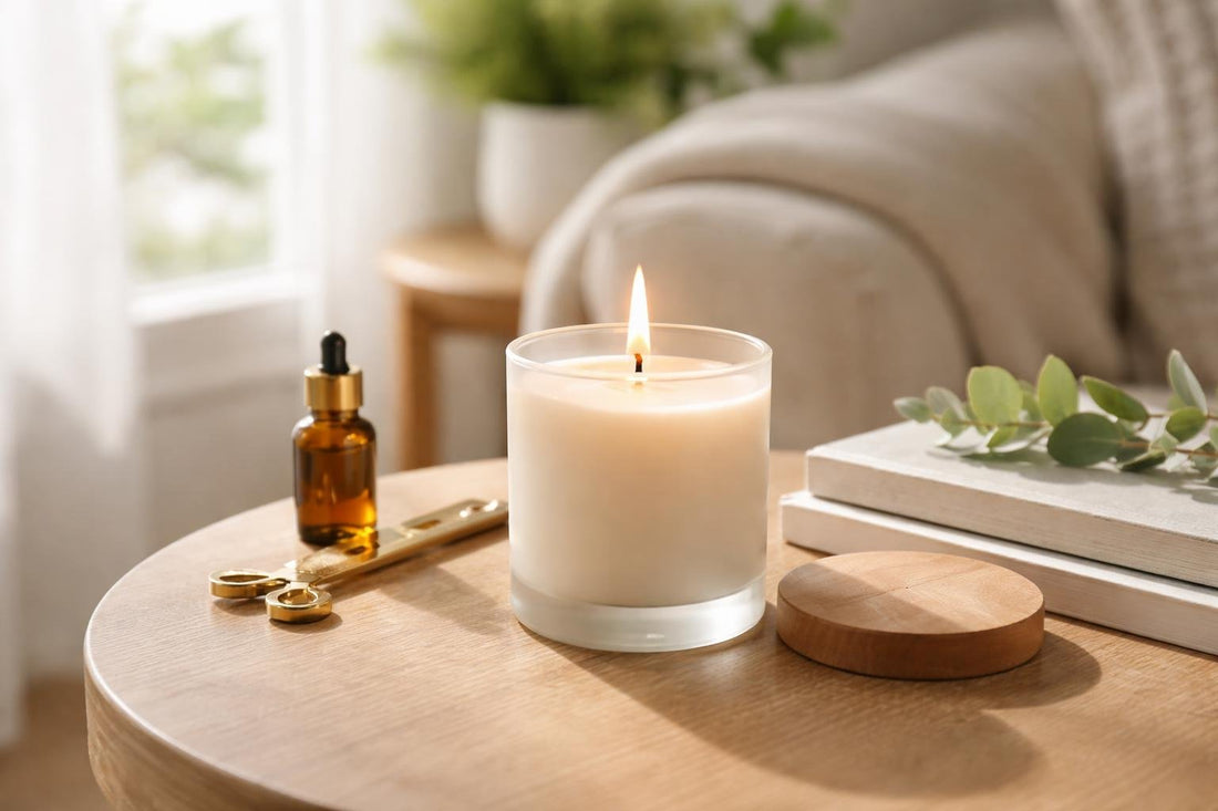 Aromatherapy candle burning with steady flame on side table