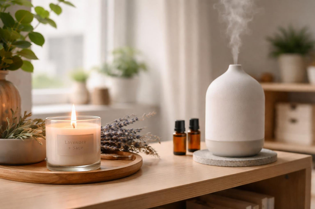 Aromatherapy candle on small flat shelf with diffuser