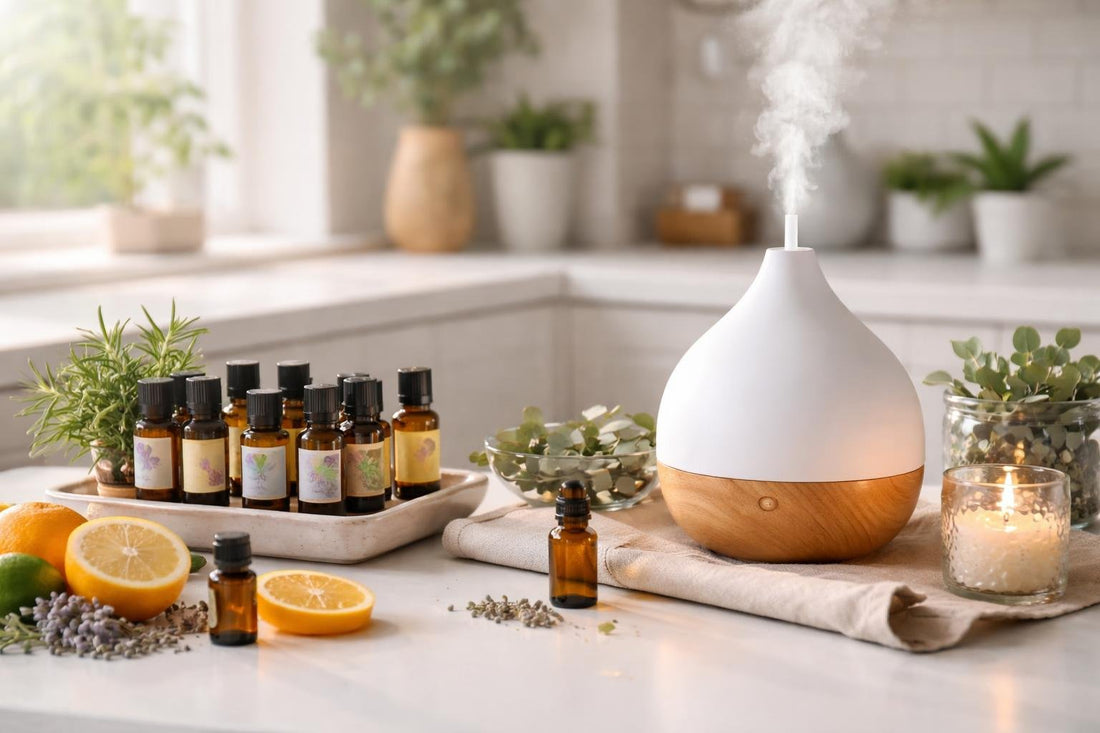 Aromatherapy diffuser and essential oils collection on table