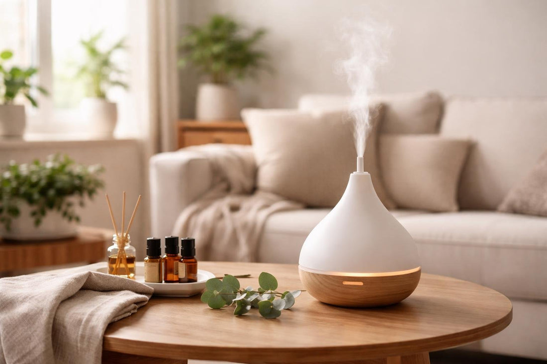 Ultrasonic aromatherapy diffuser misting in a cosy living room