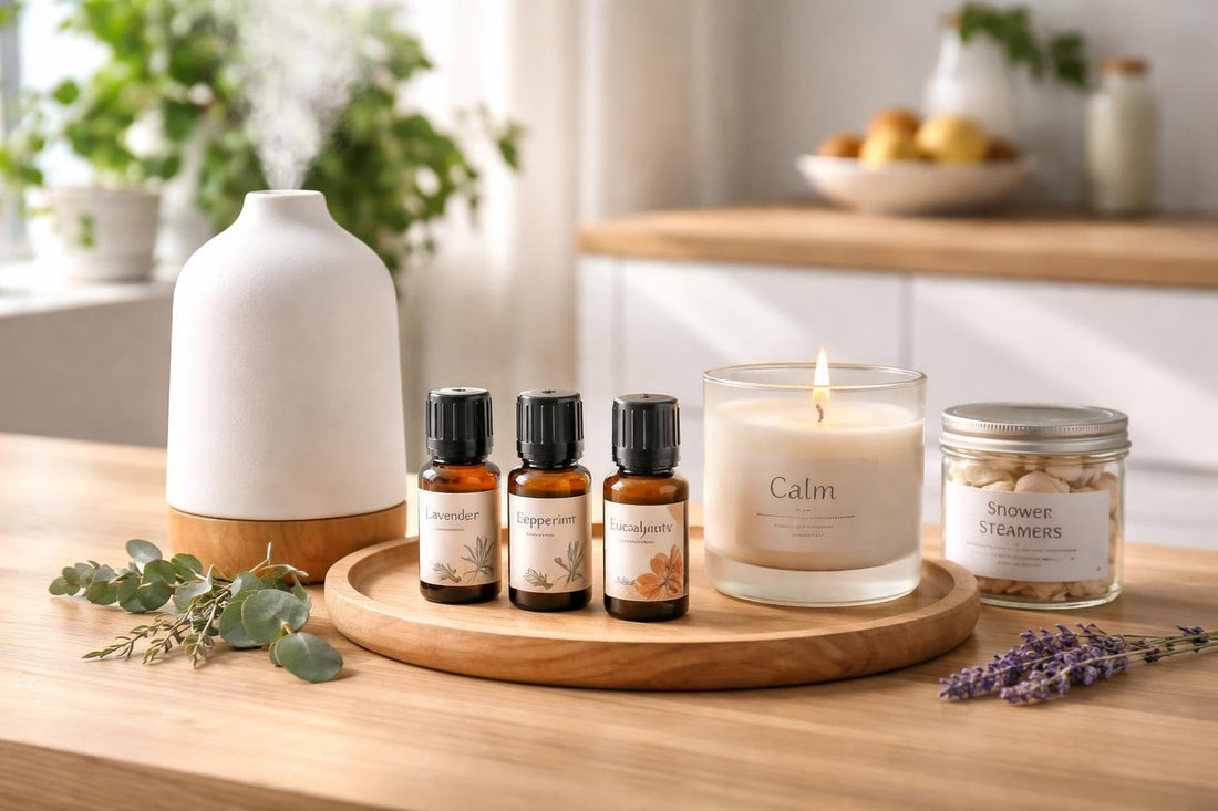 Assortment of aromatherapy oils, diffuser and candle