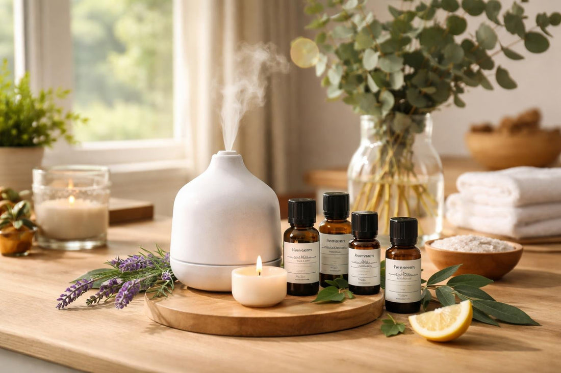 Aromatherapy essentials arranged for a calm Scottish home