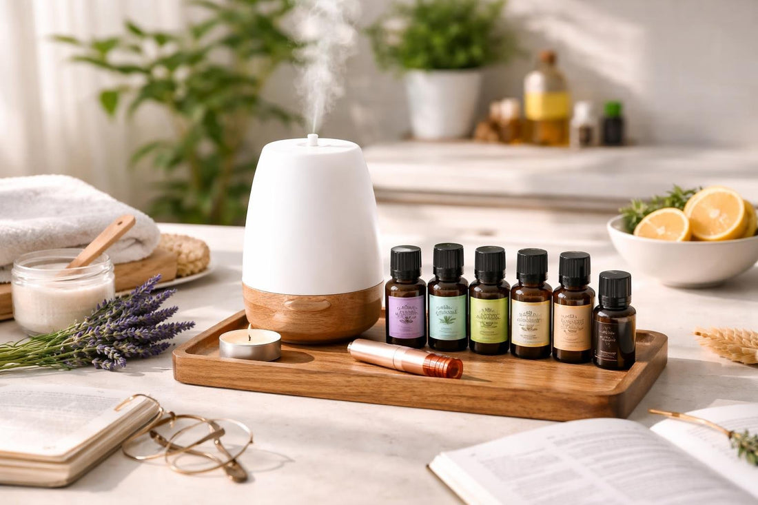 aromatherapy diffuser oils starter kit on table