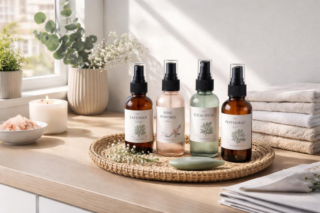 Aromatherapy mists and hydrosols on shelf in flat