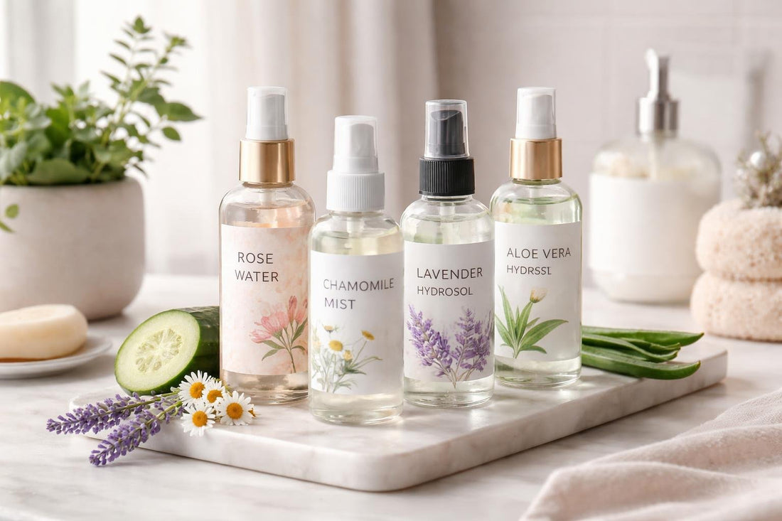 Aromatherapy mists and hydrosols displayed on shelf