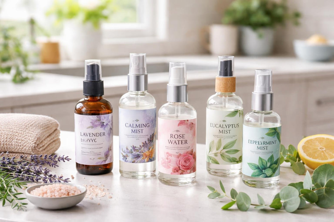 assorted aromatherapy mists and hydrosols bottles