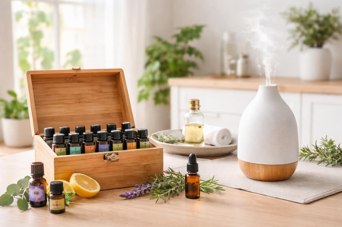 assorted essential oil bottles with diffuser