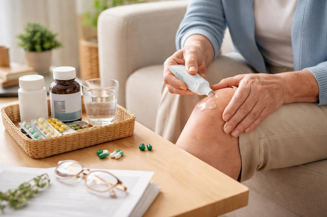 Person applying arthritis gel to knee for joint pain
